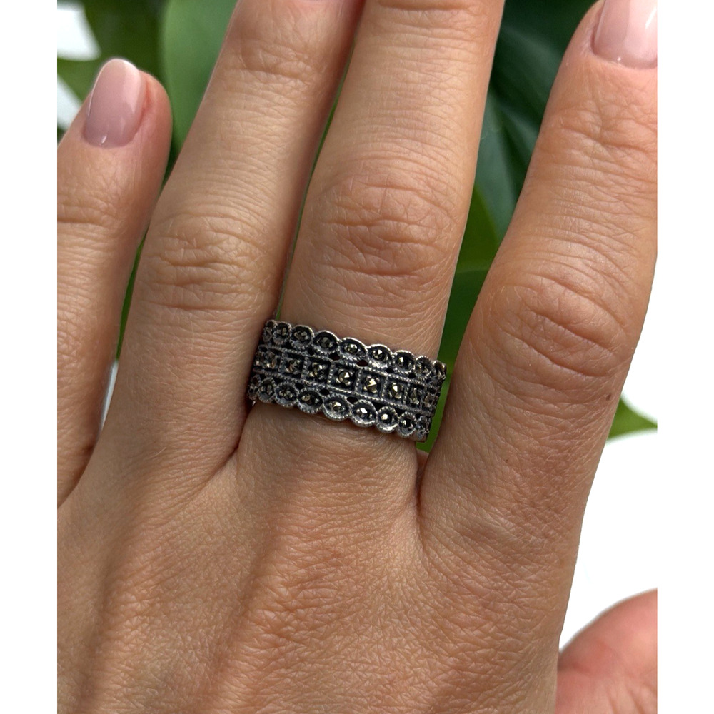 Vintage Art Deco Style 925 Sterling Silver Marcasite Band Ring Size 9